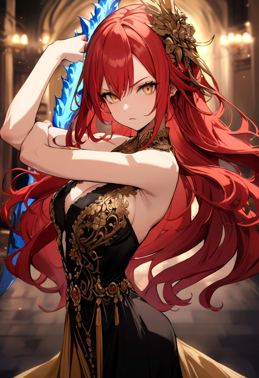 beautiful,red head, Dragon girl, black and gold dress, blue flaming sword, pose