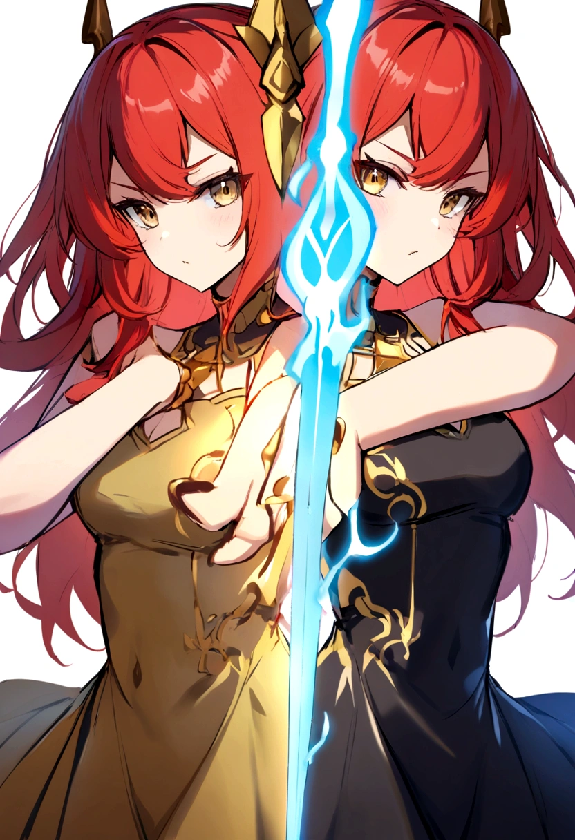 beautiful,red head, Dragon girl, black and gold dress, blue flaming sword, pose