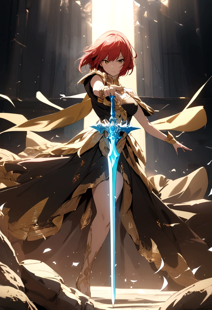 beautiful,red head, Dragon girl, black and gold dress, blue flaming sword, pose