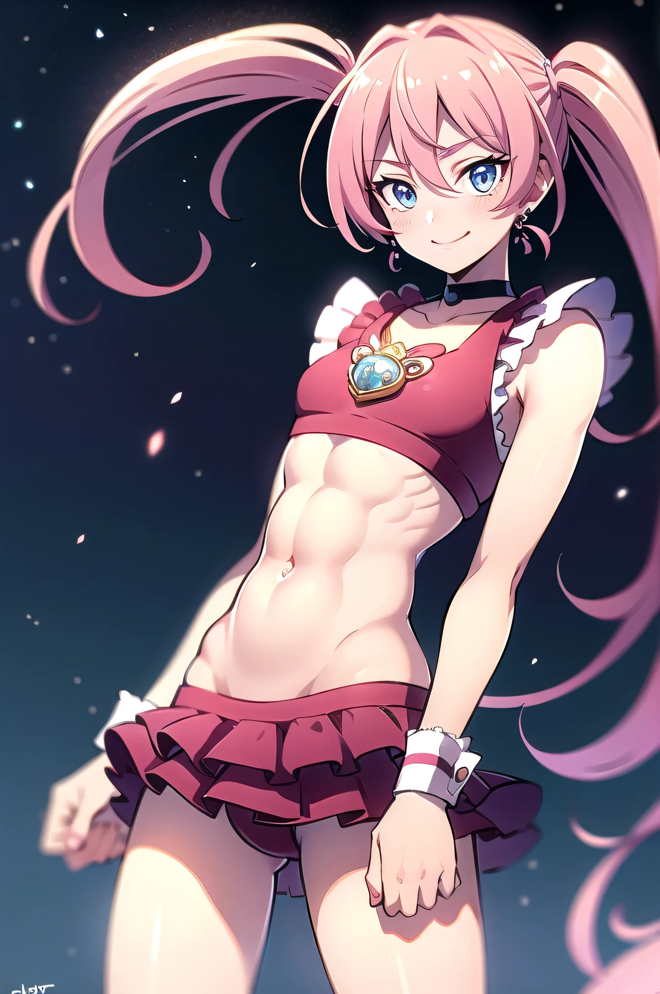 1boy、Cure Melody as a boy、belly button、Toned body、Pink hair ribbon:1.2、hair band、Red knee socks、Red High Heels、Wrist Cuffs、Twin tails、gem、Frills、Anime Coloring、masterpiece、highest quality、looking at viewer、Depth of written boundary、looking at viewer、1 boy、solo、Contrasting、smile、looking at viewer、(Cowboy Shot:1.5)、Mouth closed、Night Sky、crossdressing、(male body:1.3)、