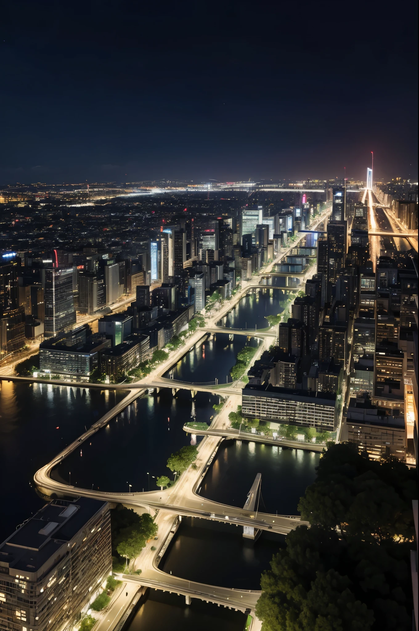 Night city with large buildings and green areas 