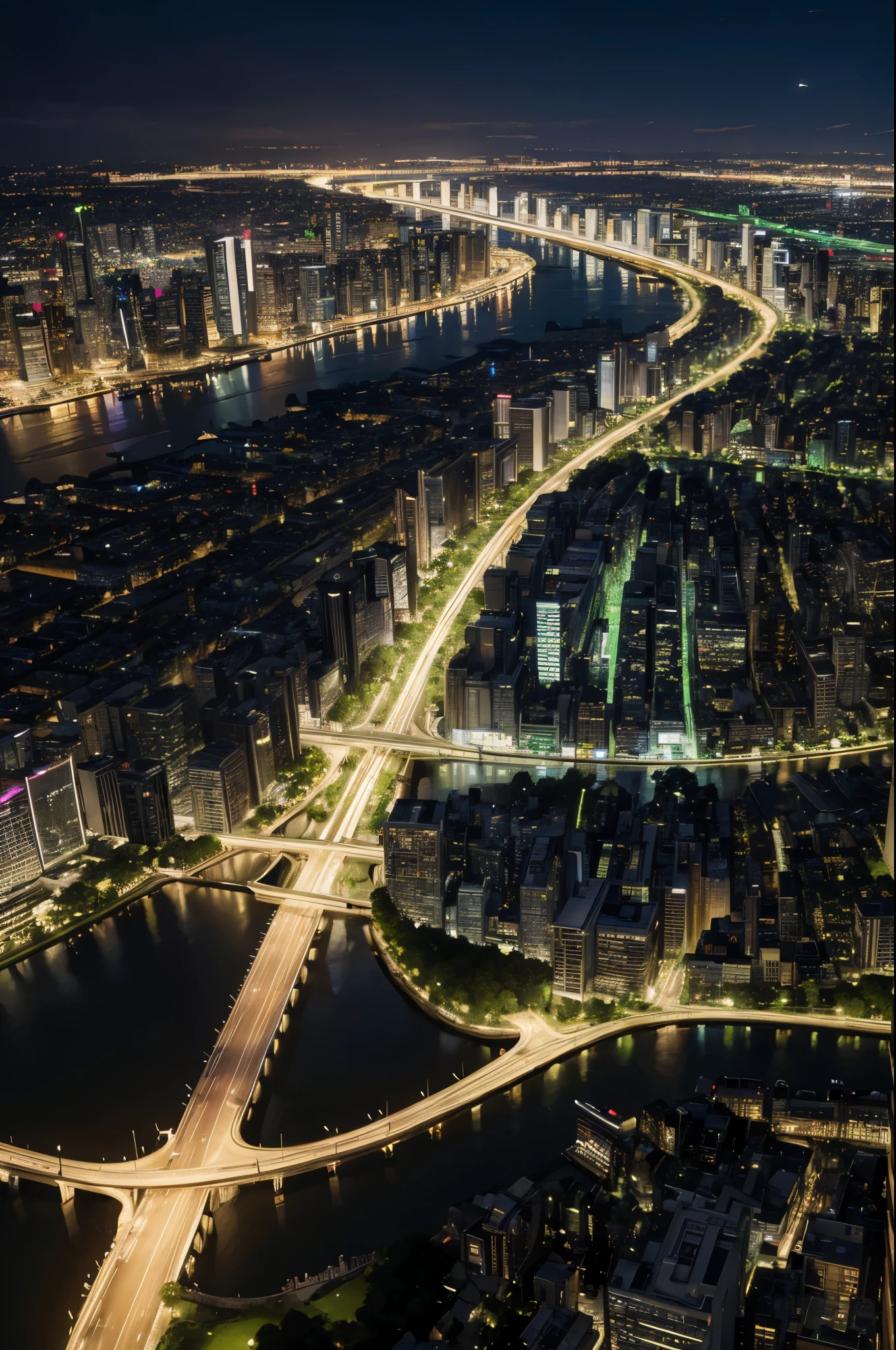 Night city with large buildings and green areas