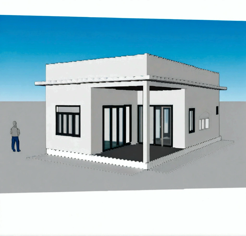 a drawing of a small house with a man standing outside, rendered, rendered image, sketch - up, perspective view, 2 d render, isometric view!!!!, isometric view from behind, d render, render 3 d, rendered 3d model, all white render, detailed rendering, front perspective, isometric perspective view, inter dimensional villa