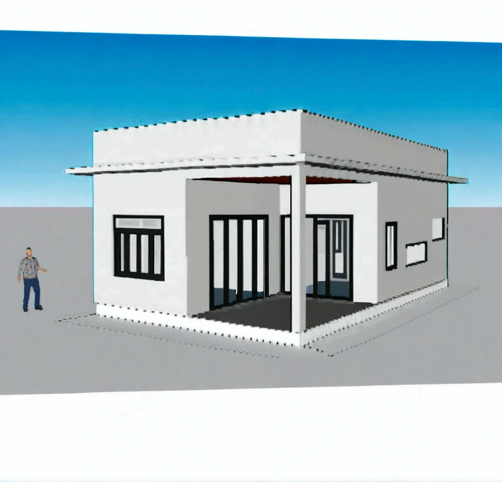a drawing of a small house with a man standing outside, rendered, rendered image, sketch - up, perspective view, 2 d render, isometric view!!!!, isometric view from behind, d render, render 3 d, rendered 3d model, all white render, detailed rendering, front perspective, isometric perspective view, inter dimensional villa