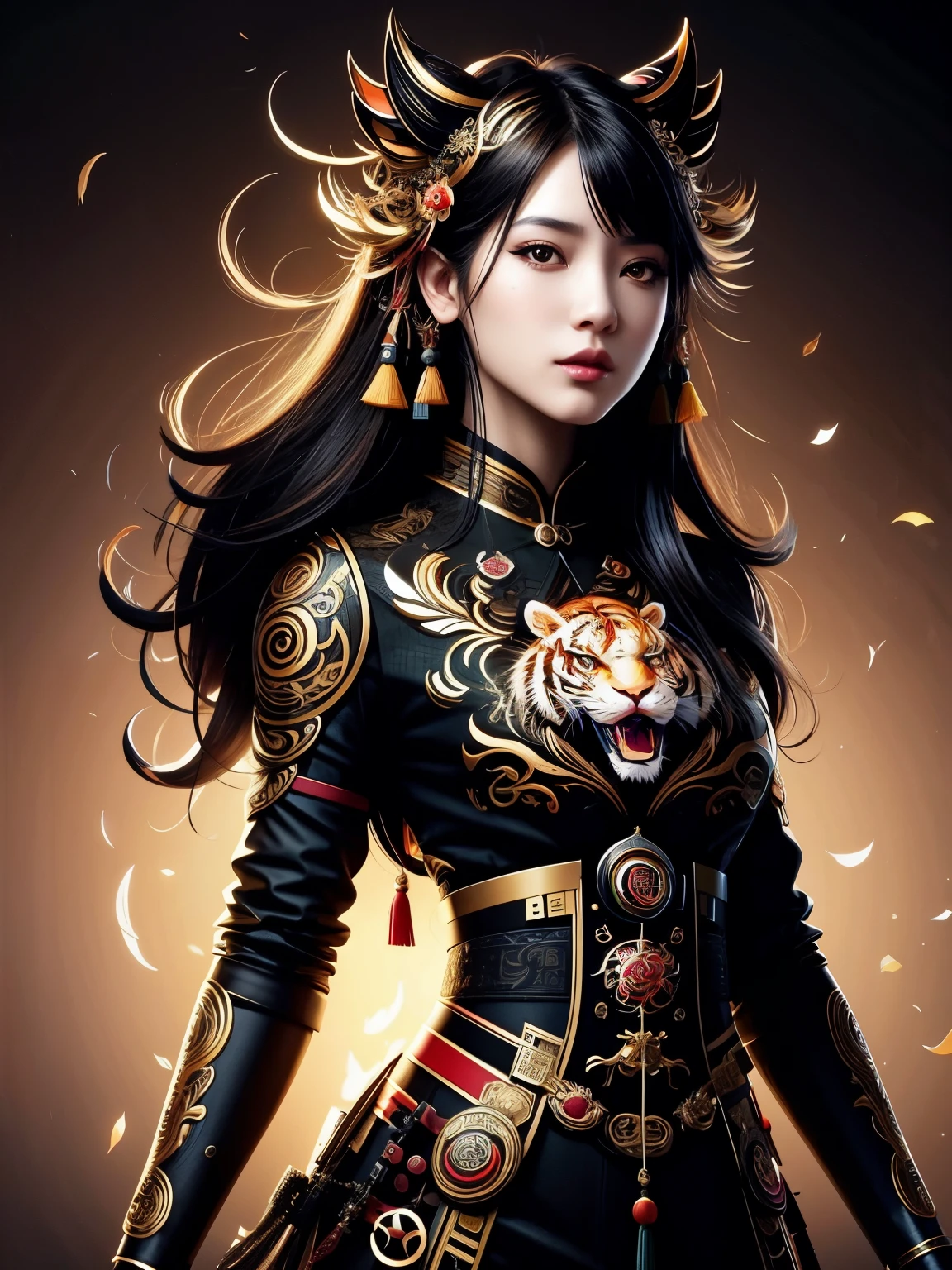 (high quality), (masterpiece), (detailed), 8K, Hyper-realistic illustration depicts (Japanese girl1.3) adorned in intricately designed (Chinese zodiac tiger attire1.2), showcasing vibrant (orange and black hues1.2). Her (piercing brown eyes1.2) gleam with confidence, while (luscious black hair1.2) cascades down her back. In style of Artgerm Lau, trending on Artstation.