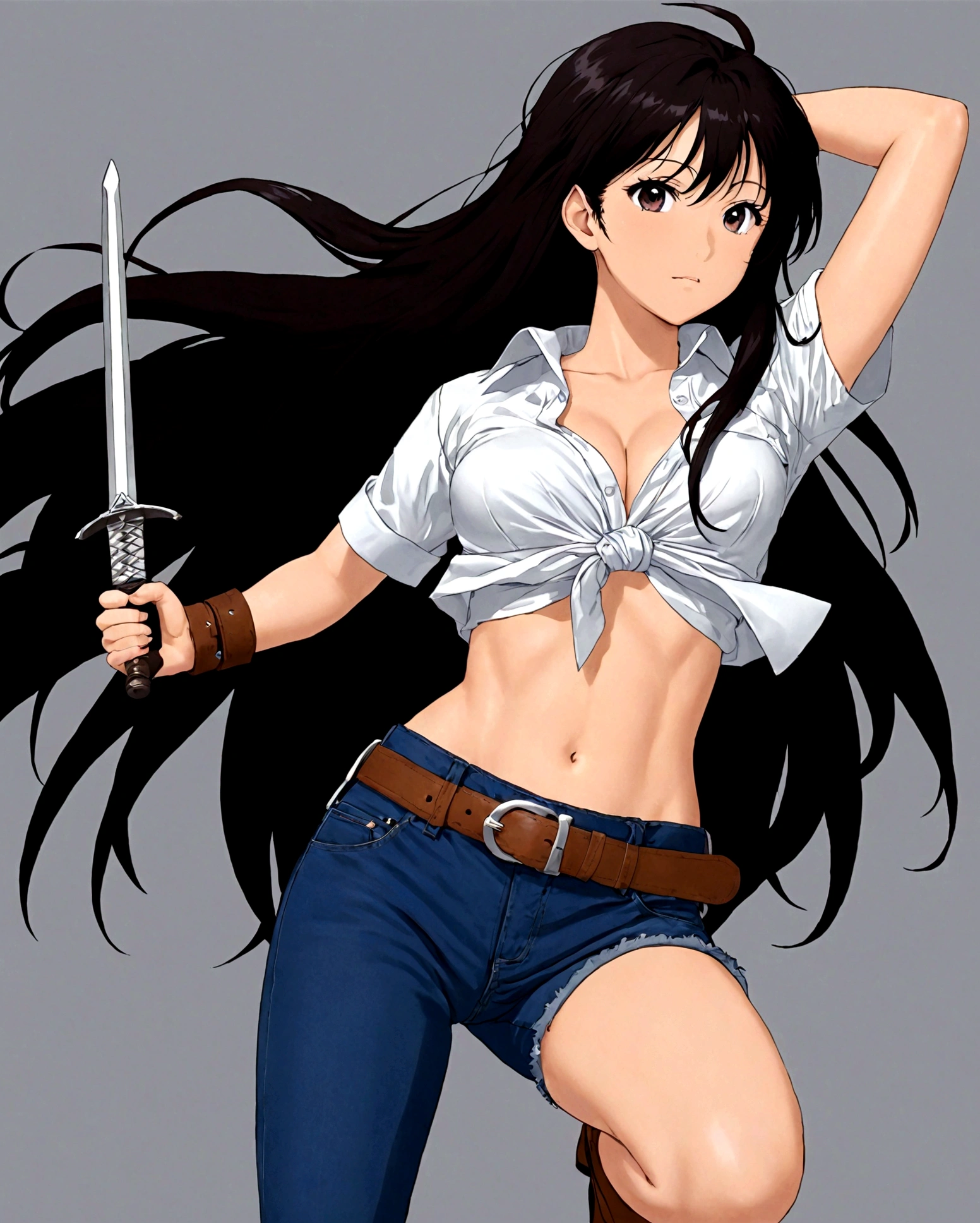 1girl,sword,shirt,belt,breast,jeans,Long hair,Crouching,belly button,shirt,Single pants,Single pants leg,Disgusted look, ,Kanzaki Kaori,solo,绑shirt,arms