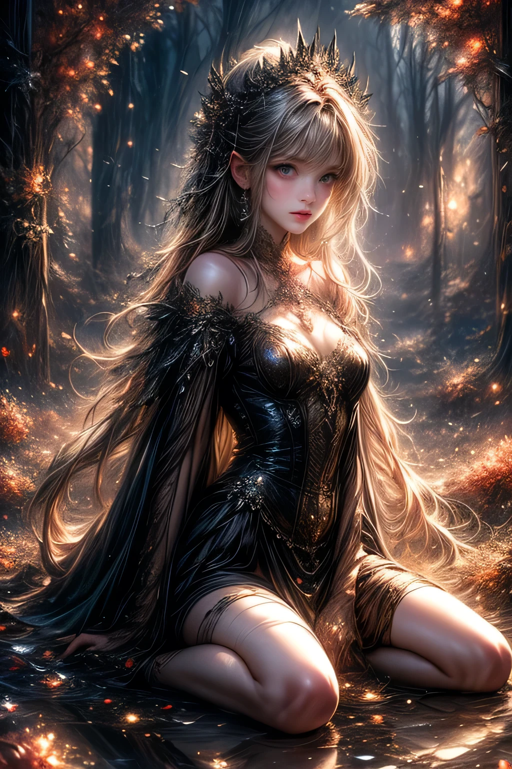 gothic style, Fantasic Illustration, Masterpiece: 1.2, Highest Quality, Highres, 16k, Beautiful Detailed, Ultra-Realistic, Photo Realistic: 1.37, Beautiful Cute witch girl with a magic wand, kneeling in the center of the magic circle and chanting a spell, growing eyes, shining pupils, blushed cheek, shiny rosy lips, wearing magic garment bare shoulder, delicate beautiful (hair, face, eyes, pupils, long eyelash, magic circle), cinematic angle, magical fantasy, dark fantasy, dark gothic, dramatic lighting, dramatic background, cinematic atmosphere, intricate, digital art, concept art,