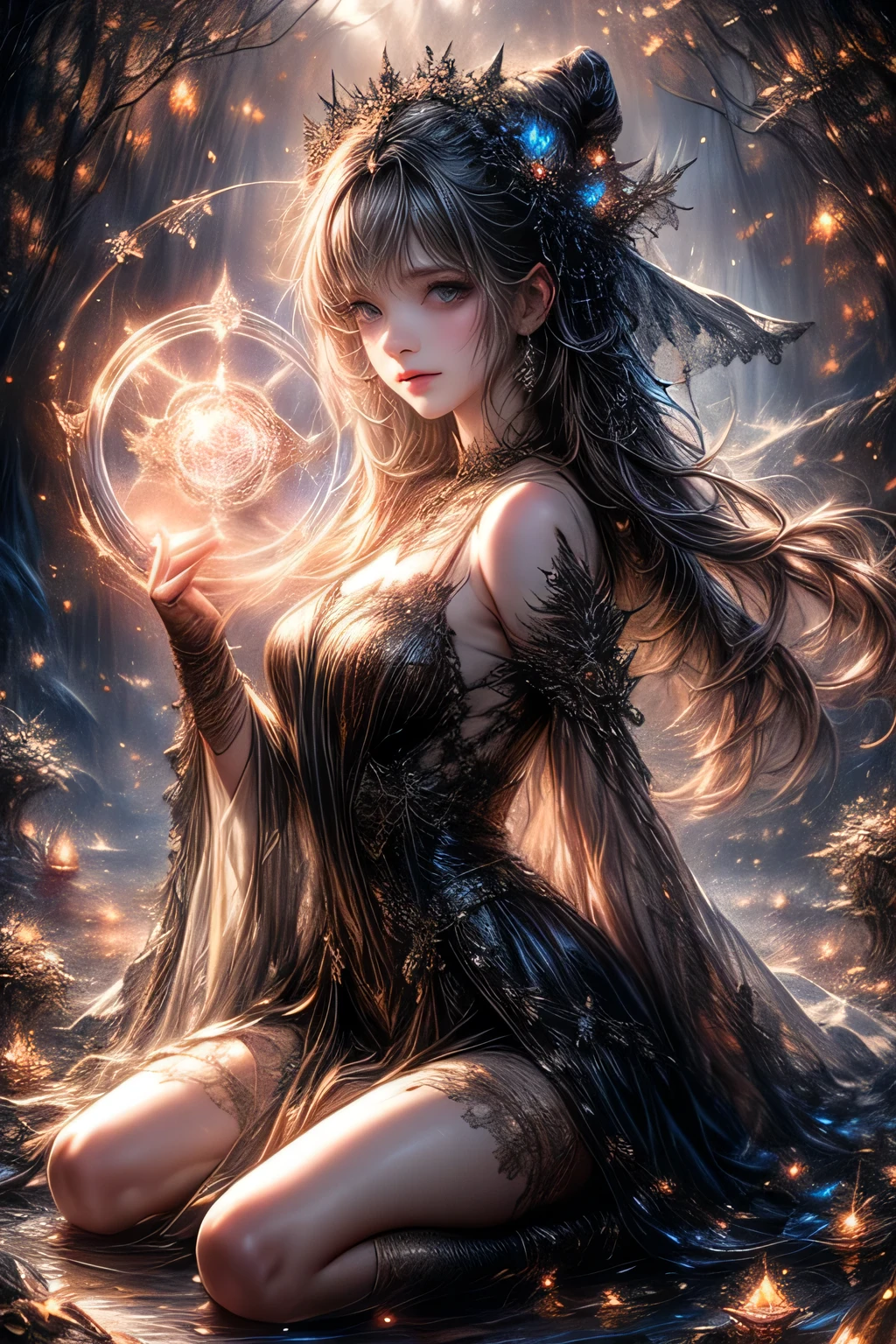 gothic style, Fantasic Illustration, Masterpiece: 1.2, Highest Quality, Highres, 16k, Beautiful Detailed, Ultra-Realistic, Photo Realistic: 1.37, Beautiful Cute witch girl with a magic wand, kneeling in the center of the magic circle and chanting a spell, growing eyes, shining pupils, blushed cheek, shiny rosy lips, wearing magic garment bare shoulder, delicate beautiful (hair, face, eyes, pupils, long eyelash, magic circle), cinematic angle, magical fantasy, dark fantasy, dark gothic, dramatic lighting, dramatic background, cinematic atmosphere, intricate, digital art, concept art,