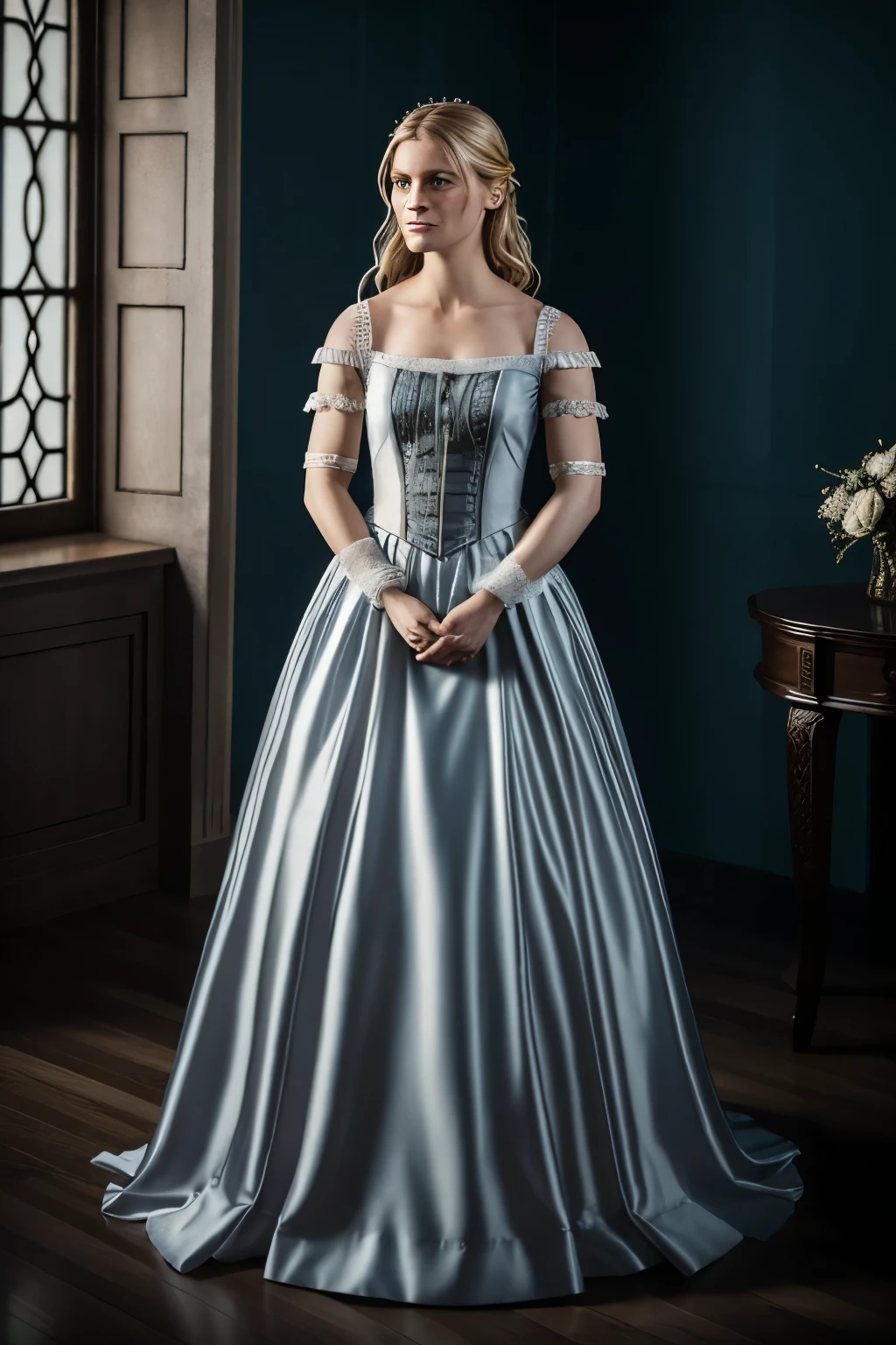 Crie uma fotografia real de Claire Danes, Full body photography real photography Dressed in epic outfits dressed as Juliet Create a cinematic light perfect light without shadows Real photography full body photography