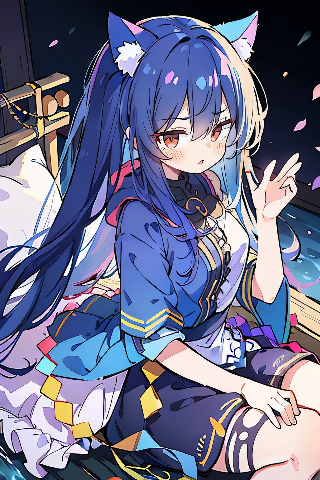 (masterpiece:1.2),Super detailed,lifelike,Expressive eyes,fair skin,perfect face shape,1 girl,
Japanese comics,Gorgeous blue hair,flowing blue hair,flowing clothes,Cat ears,Petals fall,beautiful lola,Baby Angel,
Shaking head with one hand,Cross your legs,Gentle and peaceful background,The pavilion is cool and comfortable,smile, wearing hoodie, background of tokyo,back views,snowing, winter,lie on the water.(Best Quality: 1.3), (Masterpiece: 1.3), (Illustration: 1.3), (Ultra Detailed: 1.3), (Imide Lens: 0.9), 1girl, Medium Breasts, Purple Eyes, ((Dark Blue Hair) ), hair accessories, young, clothing-gladiia, long hair, dark blue hair, indoors, black shorts, high socks, low ponytail, expressionless, upper body, close-up, coat, skirt,