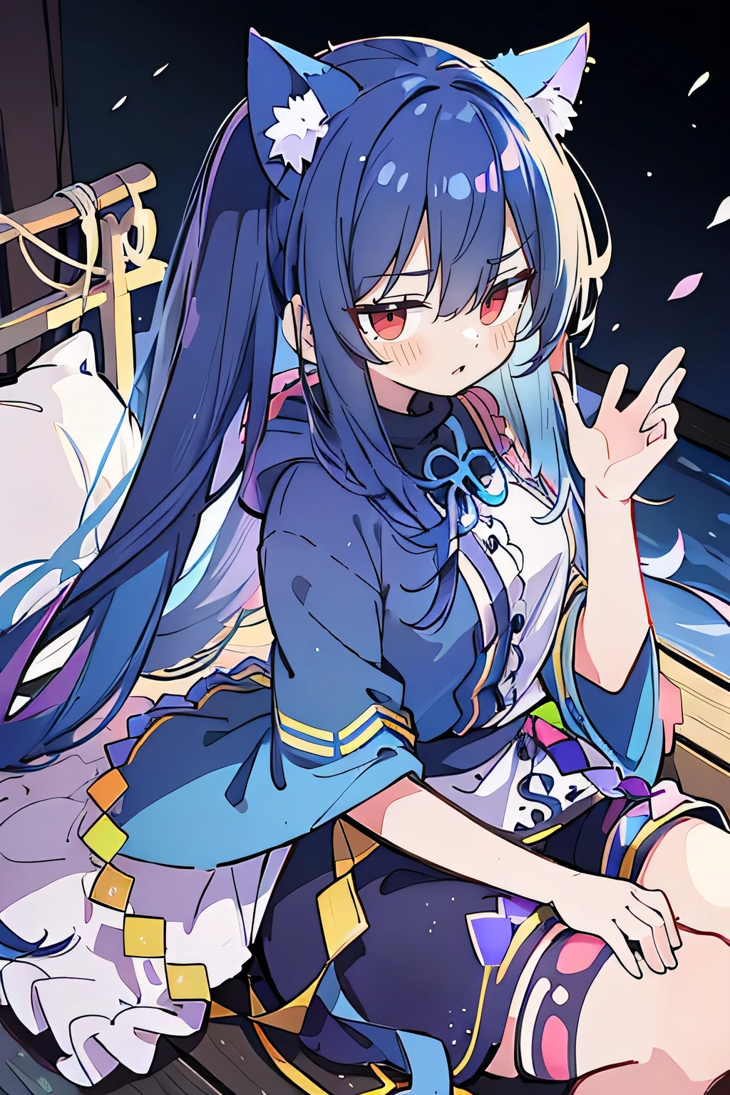 （masterpiece：1.2），Super detailed，lifelike，Expressive eyes，fair skin，perfect face shape，1 girl，
Japanese comics,Gorgeous blue hair,flowing blue hair,flowing clothes,Cat ears,Petals fall,beautiful lola,Baby Angel,
Shaking head with one hand，Cross your legs，Gentle and peaceful background，The pavilion is cool and comfortable,smile, wearing hoodie, background of tokyo,back views,snowing, winter,lie on the water.(Best Quality: 1.3), (Masterpiece: 1.3), (Illustration: 1.3), (Ultra Detailed: 1.3), (Imide Lens: 0.9), 1girl, Medium Breasts, Purple Eyes, ((Dark Blue Hair) ), hair accessories, young, clothing-gladiia, long hair, dark blue hair, indoors, black shorts, high socks, low ponytail, expressionless, upper body, close-up, coat, skirt,