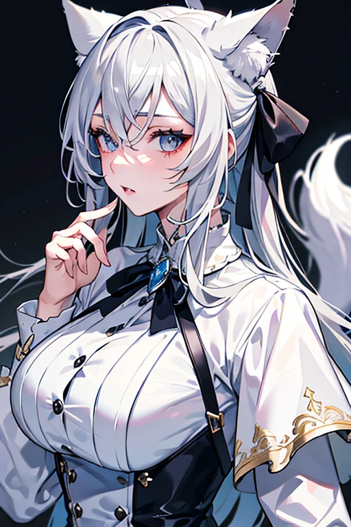 best qualtiy,tmasterpiece,The is very detailed,4K,Gray hair and shallow eyes,Drag cool expressions,Wolf ears,Erect scar on the left eye,British style,1girl,Absolutely beautiful, big bust, white costume, ear ribbon
