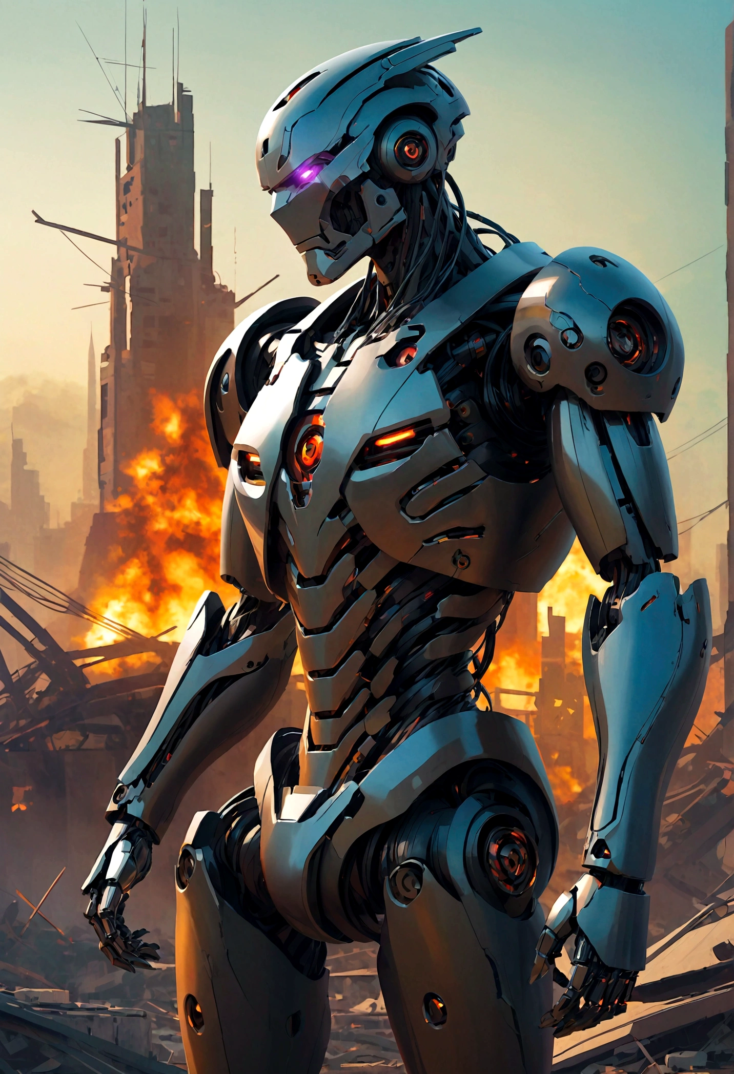 Highly sophisticated robots, Crossed arms in front of a destroyed city, Disgusted look, angry, anger, The bionic body is full of futuristic elements. 