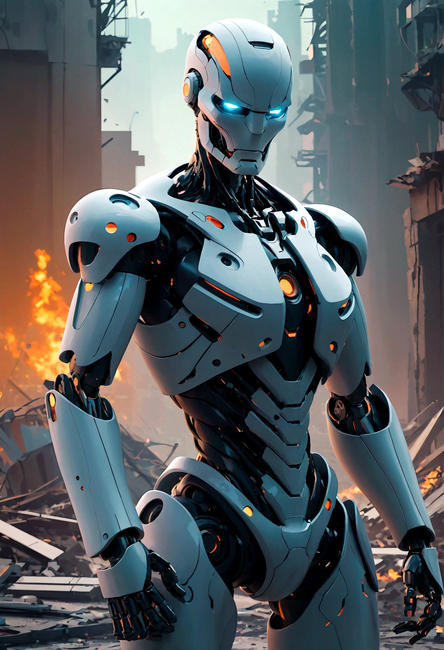 Highly sophisticated robots, Crossed arms in front of a destroyed city, Disgusted look, angry, anger, The bionic body is full of futuristic elements.