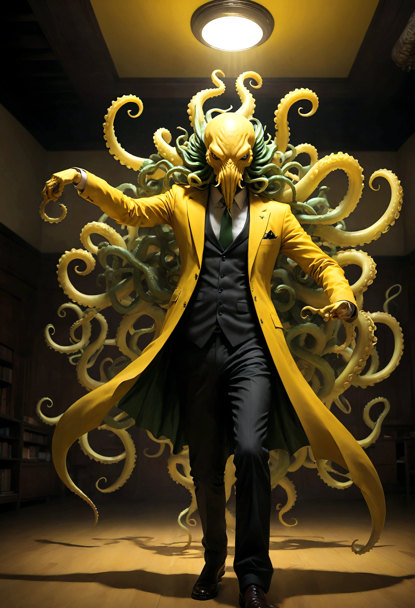 Korosensei de "Assassination sala de aula", yellow body with Cthulhu tentacles for foot, professor, (morteiro), yellow head, sorriso, grande sorriso, rosto, (sala de aula), escola, dramatic composition, cinematic dynamic action scene, cores vibrantes, cinematic lighting, dramatic lighting, melhor qualidade, Obra de arte, very aesthetic, perfect composition, detalhes intrincados, ultra-detalhado