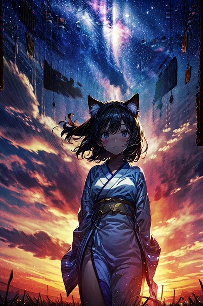 Anime cat girl wearing cat ears kimono, Looking over your shoulder, Anime drawing by Yang J, pixiv Contest Winner, Sequential Art, デジタルAnime illustration, kawashi, Anime-style illustrations, Anime Style 4k, Beautiful anime portraits, Anime style portrait, Anime-style artwork, Gwaise style artwork, Anime illustration, Digital anime art, Detailed Digital anime art, Beautiful starry sky, ((Beautiful night view))