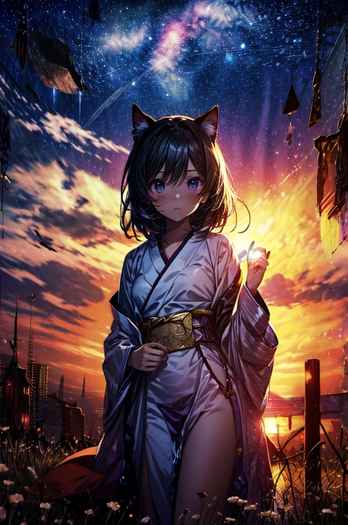 Anime cat girl wearing cat ears kimono, Looking over your shoulder, Anime drawing by Yang J, pixiv Contest Winner, Sequential Art, デジタルAnime illustration, kawashi, Anime-style illustrations, Anime Style 4k, Beautiful anime portraits, Anime style portrait, Anime-style artwork, Gwaise style artwork, Anime illustration, Digital anime art, Detailed Digital anime art, Beautiful starry sky, ((Beautiful night view))