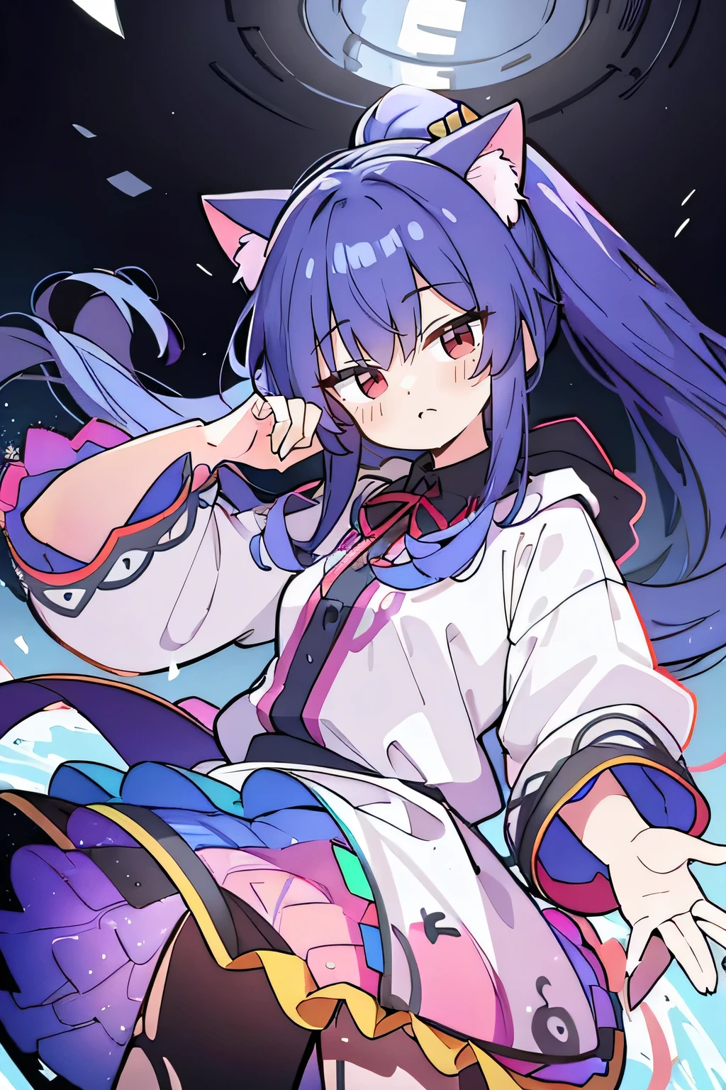 (masterpiece:1.2),Super detailed,lifelike,Expressive eyes,fair skin,perfect face shape,1 girl,
Japanese comics,Gorgeous blue hair,flowing blue hair,flowing clothes,Cat ears,Petals fall,beautiful lola,Baby Angel,
Shaking head with one hand,Cross your legs,Gentle and peaceful background,The pavilion is cool and comfortable,smile, wearing hoodie, background of tokyo,back views,snowing, winter,lie on the water.(Best Quality: 1.3), (Masterpiece: 1.3), (Illustration: 1.3), (Ultra Detailed: 1.3), (Imide Lens: 0.9), 1girl, Medium Breasts, Purple Eyes, ((Dark Blue Hair) ), hair accessories, young, clothing-gladiia, long hair, dark blue hair, indoors, black shorts, high socks, low ponytail, expressionless, upper body, close-up, coat, skirt,