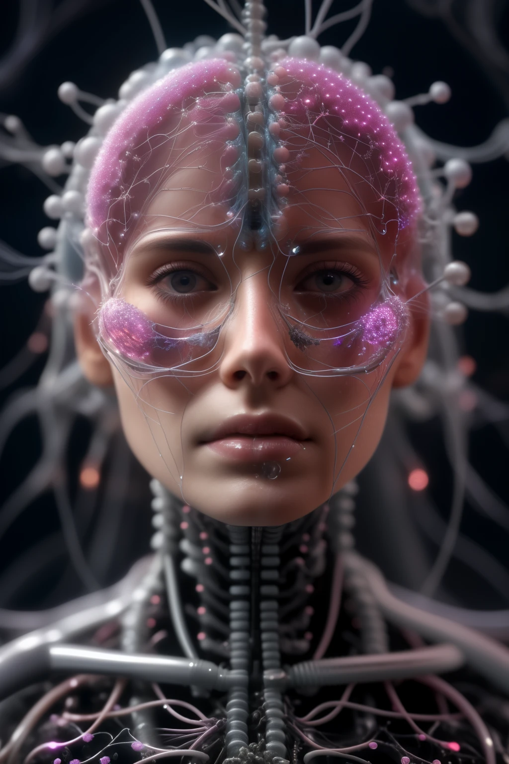 mj, Close-up cinematic photo of an ethereal neural network organism., mujer divina, Anatomical face, Biomechanical details