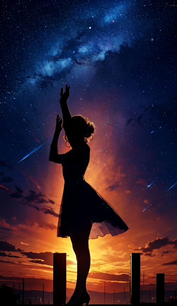 Starry Sky，dance，woman１people々，silhouette，blonde， dress，