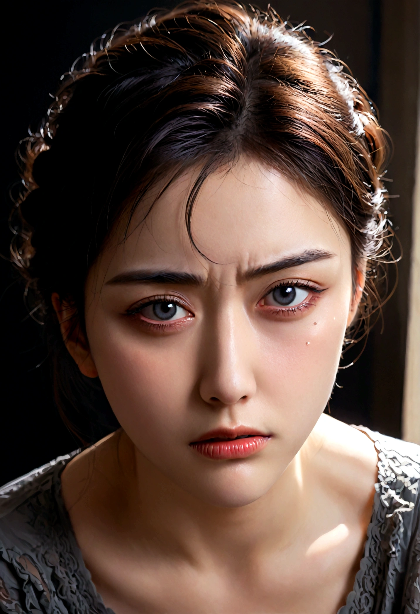 1girl, Disgusted Look, a disgusted woman with a scrunched up face, detailed eyes and lips, long eyelashes, expressive facial features, studio lighting, high quality, cinematic, hyperdetailed, dramatic lighting, cool color tones, gloomy atmosphere, horror, dark fantasy, masterpiece, best quality, very aesthetic, absurdres