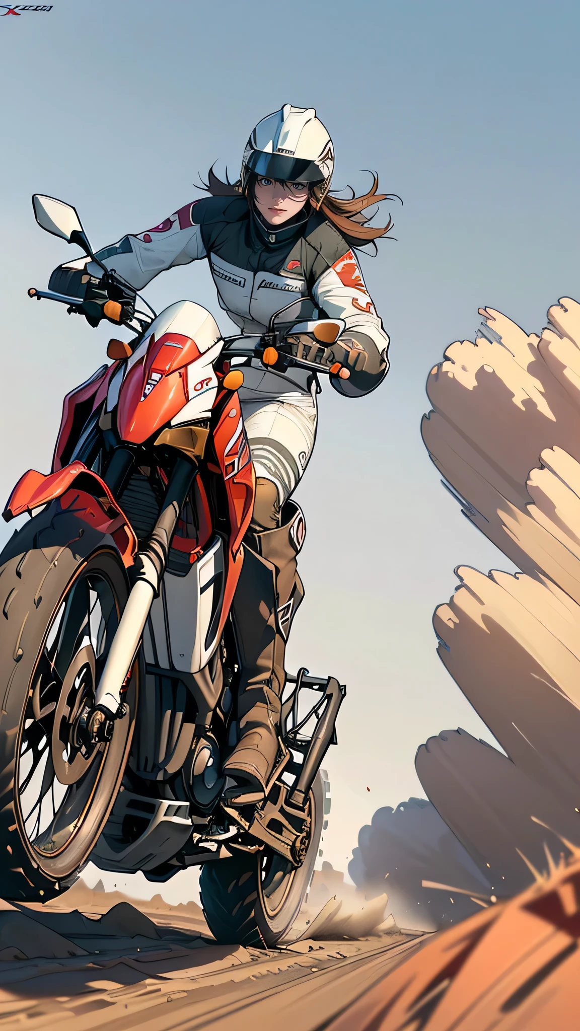 ((1 screen)), (((No logo))), Break Dynamic Angle, break (((riding a large Off-road motorcycle made by the HONDA company XLV750R,red and white:1.8))), Break Midsummer afternoon, ((The Sunshine, hot,Sweat:1.3)), break (((Military pattern high leg bikini:1.5))), break (Baja 1000 Race), (Altitude 3096m,Driving on dirt in Picacho del Diablo)), (((Firmly grasp the left and right handle grips))), break (highest quality,4K,8k,High resolution,masterpiece:1.2),Super detailed,(Realistic,photoRealistic,photo-Realistic:1.37), (perfect anatomy), (Perfect ratio of fingers to thumb), (Symmetrical face), break (Beautiful young woman rider(Simple Helmet, Gloves,boots:1.5)), break (8 heads,Beautiful body line), (Medium breast,Beautiful valley), (Flat stomach), (Small waist), (Beautiful big ass), break ((Expressing a sense of speed:1.5)), ((Expressing the feeling of sprinting)), (((Sprint,walking fast,Explosive,Pleasure))), (Driving on dirt) (((Flying sand and intense dust))), break (((A smile comes to mind))), (((I&#39;m so happy I can&#39;t help but laugh))), (((Here we go!!How about it!!))) break ((HONDA XLV750R: Car height,High seat height,Big body)) break