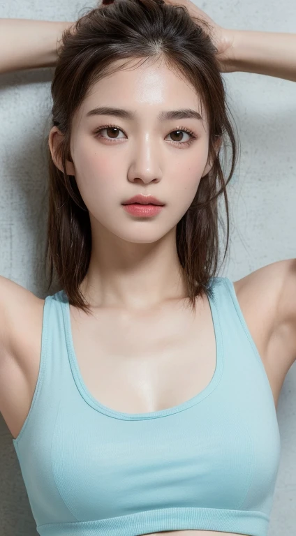 ((Best quality, 8k, Masterpiece :1.3)), 1girl, Pretty woman with emphasizing slender abs :1.3, (random hairstyles :1.2), Oversized tank top :1.2, Ultra-detailed face, Detailed eyes, Double eyelid, armpit