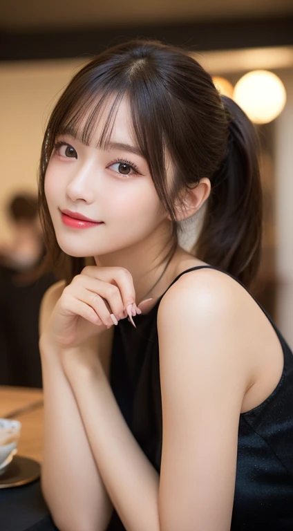 Tabletop, highest quality, shape, Very detailed, finely, High resolution, 8k wallpaper, 完璧なダイナミックな構shape, Beautiful and detailed, Medium Hair, Small breasts, Natural color lip, Random sexy poses,smile,20-year-old girl、Midnight、Beautiful and elaborate face、Perfect and beautiful face,Big eyes、RAW Photos、Expressing feminine poses with the whole body、Beautiful and detailed、Small face、Beautiful Duplex、Slim face and figure,Luxury brand mink coat(internal:black winter dress)、Beautiful golden ratio face,Twin ponytail