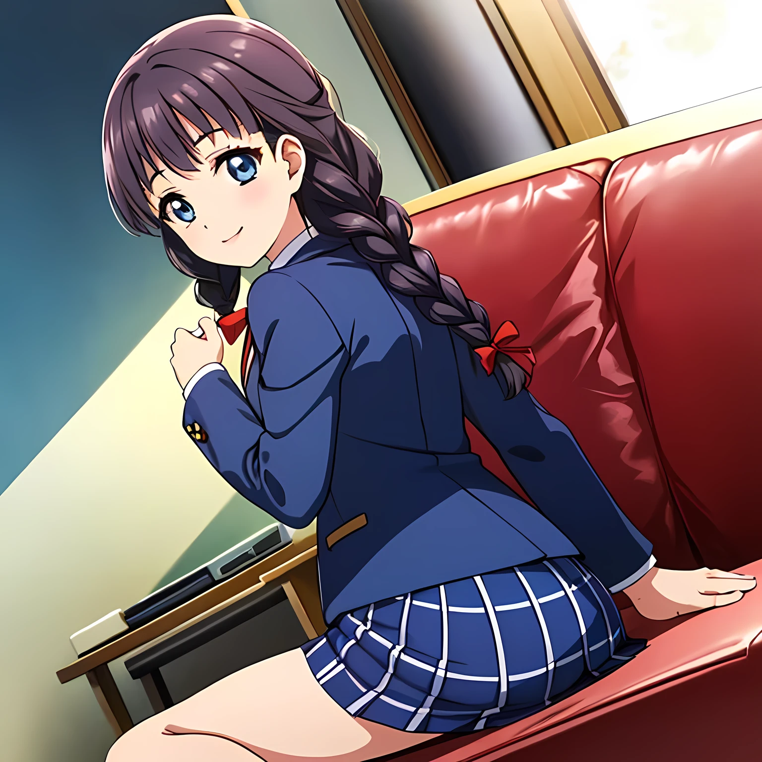 (highest quality, masterpiece:1.2), highest quality, High resolution, 1080p, 8K, Height: 158cm, High-definition anime-style CG, ((The game heroine is a very intelligent, very noble, pretty and neat beautiful girl sitting on the sofa.、Looking back and smiling gently)), He tries to hide his shocked mouth with his hands., A face that everyone loves, Glossy lips, Even bangs, Double, Long eyelashes on both the top and bottom, Wide-open blue eyes, detailed in detail, The very large red shiny wide ribbon bowtie is very cute., ((Black Hair)), ((long twin braids)), (((A long, neat, dark navy blue checked pleated skirt))), (((Dark blue winter long sleeve blazer))), How to wear a neat uniform, Extremely lustrous, shiny game heroine lips, Mouth open, Ribbon in hair, Tight waist, slender, The ribbon is big and very pretty., Beautiful hair like a hair model, Transparent Background