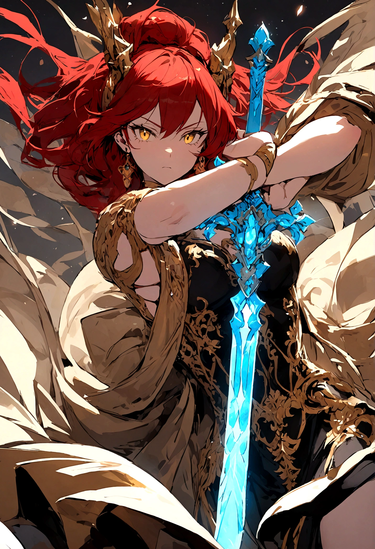 beautiful,red head, Dragon girl, black and gold dress, blue flaming sword, pose