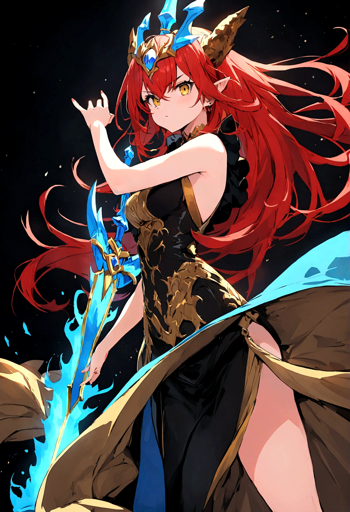 beautiful,red head, Dragon girl, black and gold dress, blue flaming sword, pose