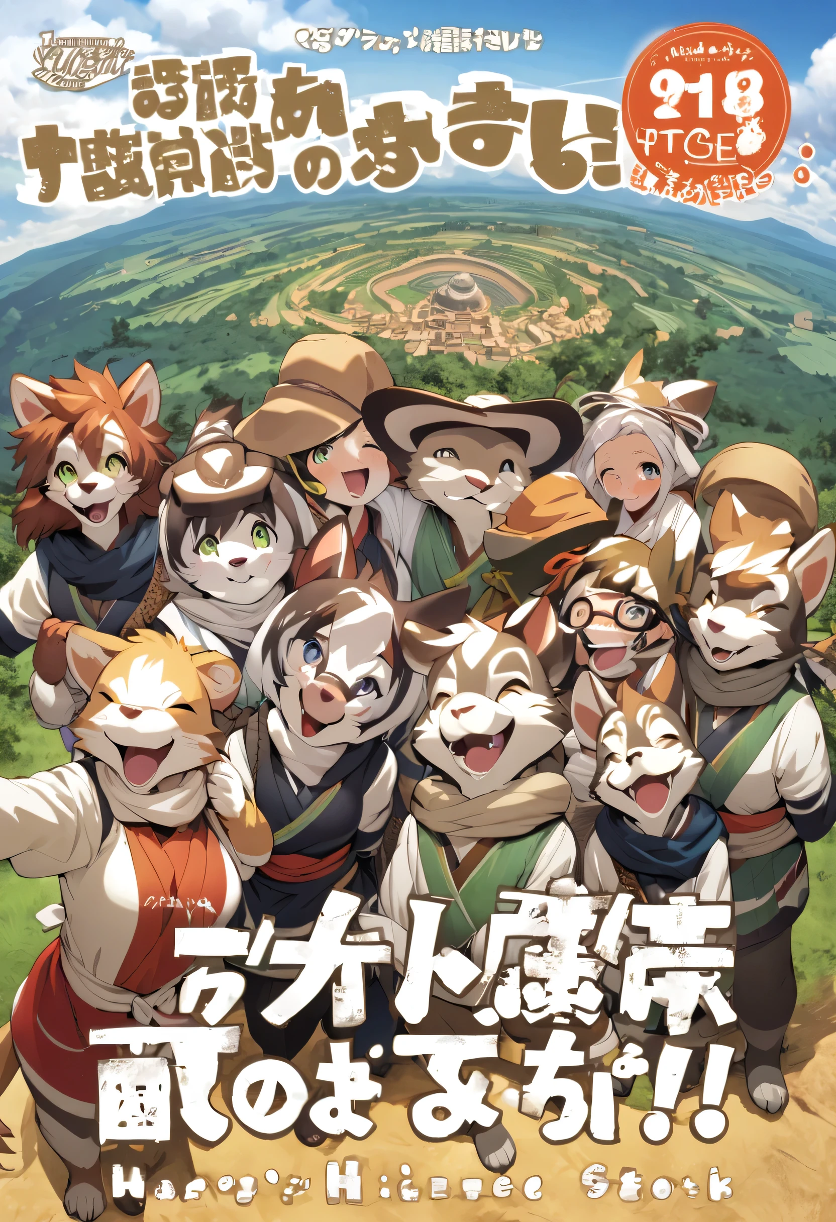 cover_page, super high resolution, detailed background, World Heritage Site, 6+boys, 6+girls, Happy, joyful, absurdres(Photos of solo travelers)(kemono, furry anthro),