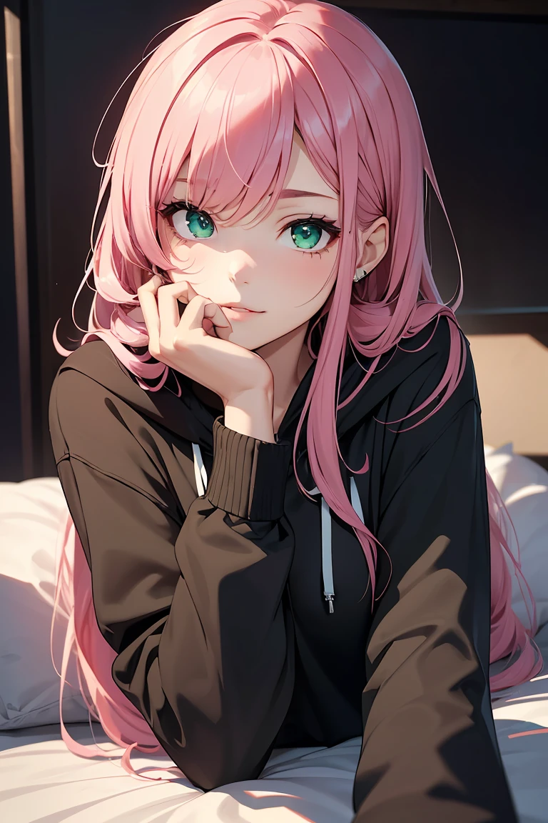 ((1 girl)), Latest Trends in Clothing, cute,April Fool, liar, mischief, Street fashion,Black hoodie,Loungewear, Please lie down on the bed, Relaxed pose,Cowboy Shot,((Very detailed,highest quality, High resolution, 8k wallpaper, Beautiful clothes,)),((Pink Hair, Long Hair,Straight hair)) (Green Eyes),eye shadow, eyeliner,Glow Eye, Very detailedな目, Complex eyes, Beautiful Eyes, 18-year-old girl.
