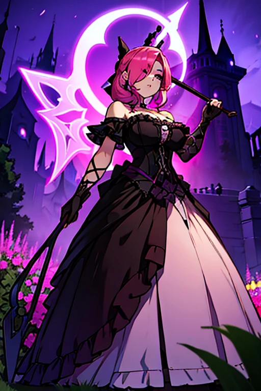 A pink haired female reaper with violet eyes and an hourglass figure in gothic ballgown is posing with her scythe on her shoulders in the garden at night