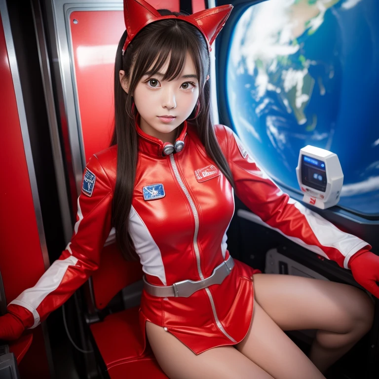 18 year old japanese girl、Ultraman、Red Costume、red、Bust Emphasis、Wearing a miniskirt、Facing forward、masterpiece、Inside the space station、Sitting in a chair、Girlfriend feeling、Idol、Bonytail、Very detailed