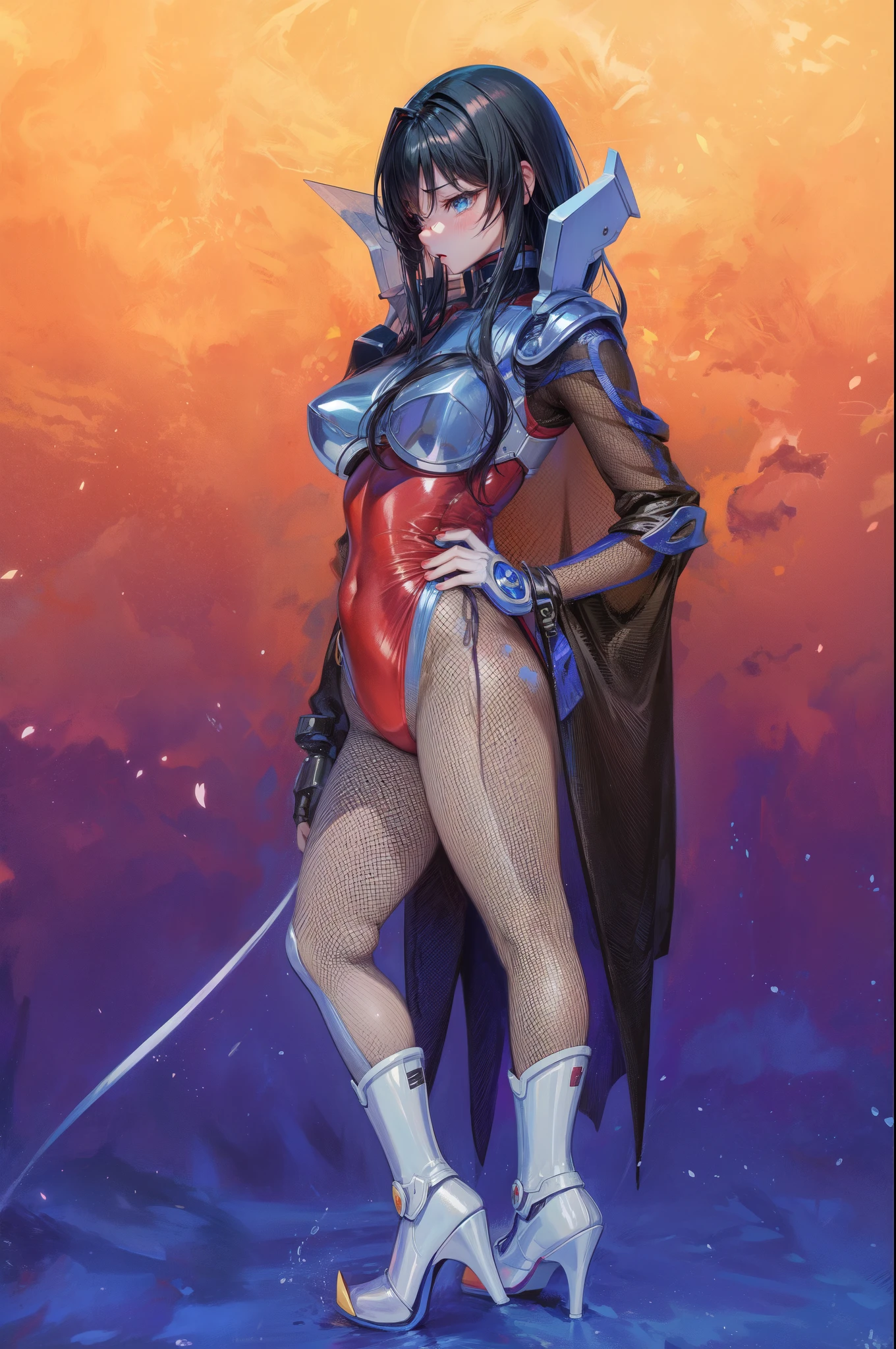 Female Combatant、Japanese girl、Close-up of a girl in a red leotard、Red shiny leotard、Silver boots、Fishnet tights、Saiyan Girl, wonderful, Nano Girl, Female body type, Inspired by Hiromu Arakawa, Anime Manga Robot!! Anime Girls, Fubuki, Full Body Suit, by Hiromu Arakawa、wonderful, silk, Beautiful and attractive anime teen, Anime Girls of the future, tears,Drooling,Pee,Sweat,Tongue out,incontinence,Peeing、Estrus、Eyes wide open,Estrus,Blushing,Nipples are erect,Face is hot、Lust、incontinence、Armpit Hair、pubic hair、Anguished expression、Doomsday Demon