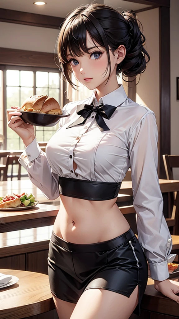 Women in crop top waitress shirt, showing navel, knot, show belly, holding food