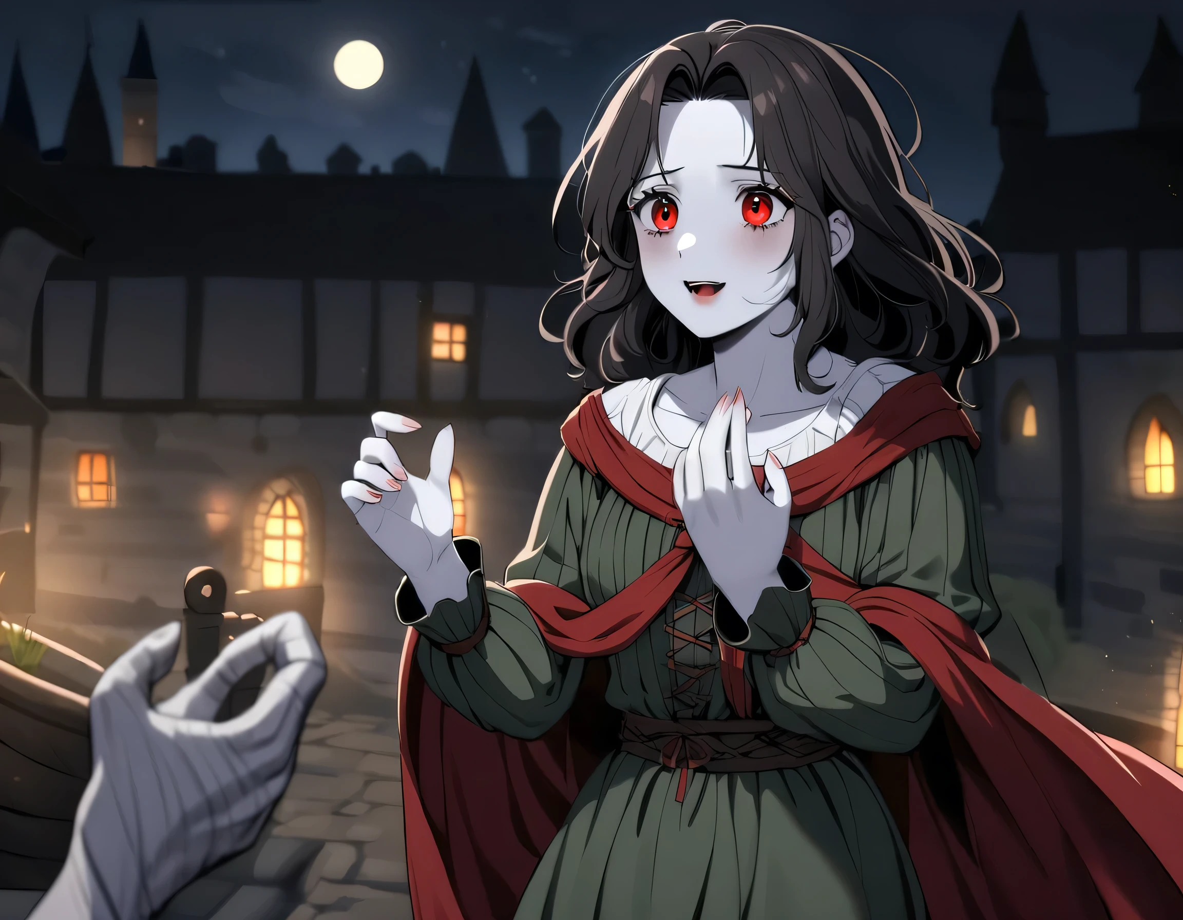 A beatiful mature dark haired lady looking at her hands in shock after transforming into a vampire, dark backround, outdoors, nightime, pale skin, looking at hands, peasant clothings, red eyes, medieval, full moon