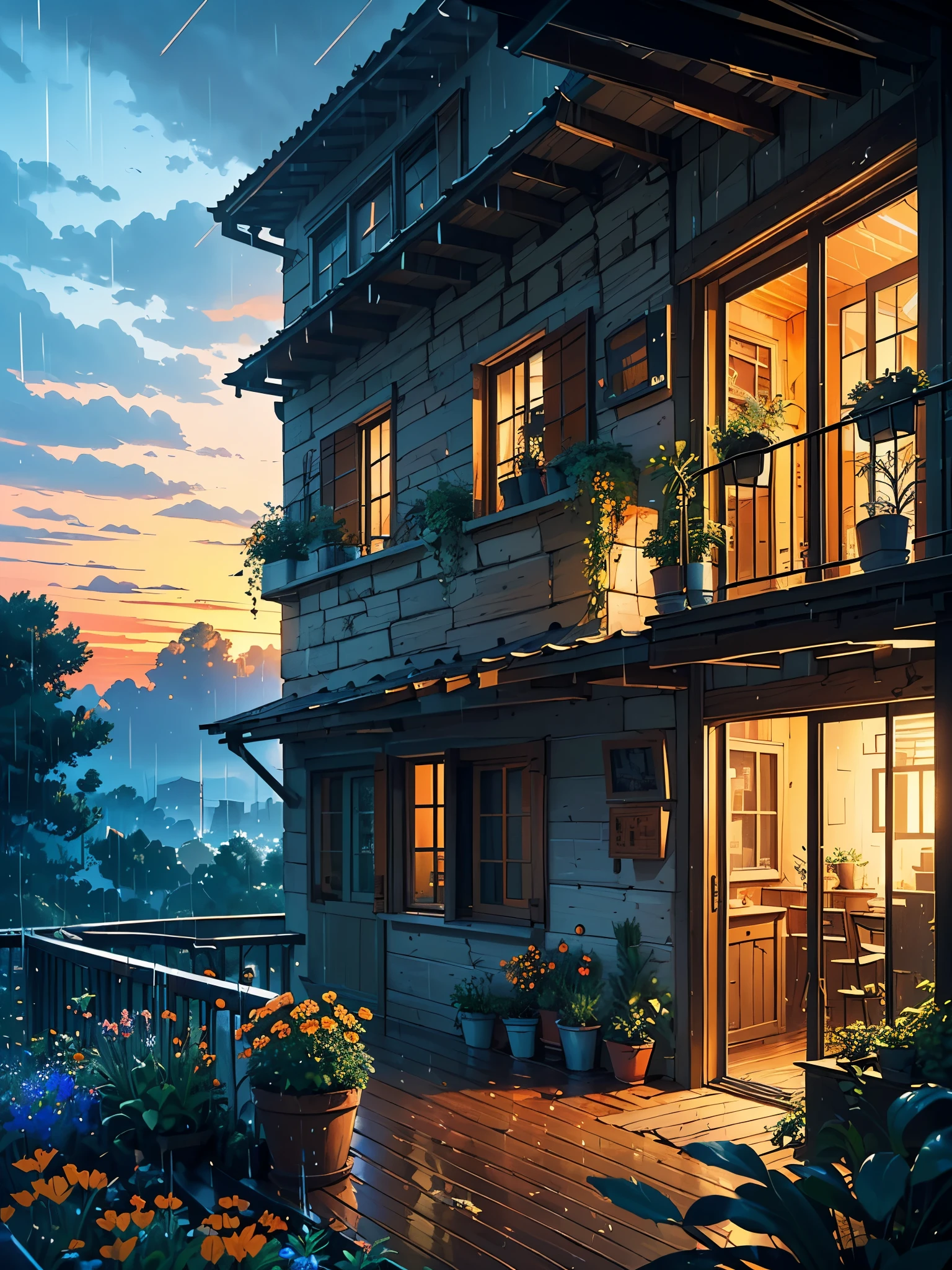 (masterpiece:1), (wide view:1.7), (wooden balcony extend outward from charming old stone building:1.6), (Earthy brown, warm terracotta, muted olive green, soft cream, deep charcoal color palette:1.3), silence, (balcony is adorned with an array of colorful pots, overflowing with vibrant succulent plants:1.4), (wildflowers:1.5), magnificent sky, (Dim volumetric light:1.2), peaceful, (bagonvellia flowers hanging from balcony:1.3), (earthy tones:1.5), (lofi ambience :1.2), (rainy scene:1.3), (beautiful aesthetics:1.2), (scattered blue and orange sky:1.4), beautiful tones, subtle colors, peaceful, (illustration: 1.0), epic composition, realistic lighting, HD details, masterpiece, best quality, ,