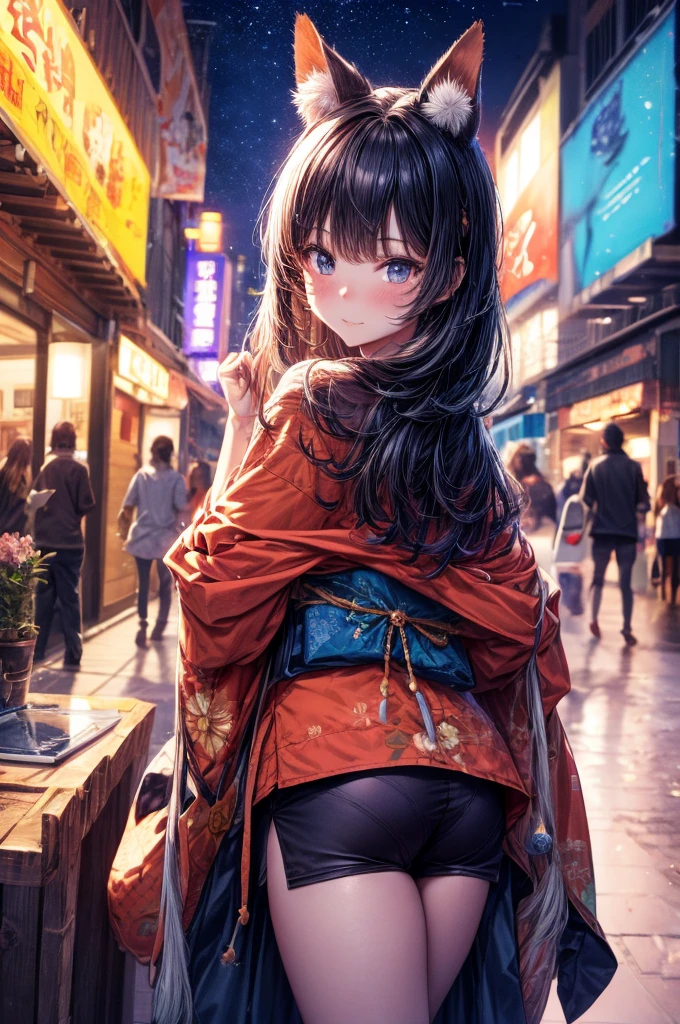 Anime cat girl wearing cat ears kimono, Looking over your shoulder, Anime drawing by Yang J, pixiv Contest Winner, Sequential Art, デジタルAnime illustration, kawashi, Anime-style illustrations, Anime Style 4k, Beautiful anime portraits, Anime style portrait, Anime-style artwork, Gwaise style artwork, Anime illustration, Digital anime art, Detailed Digital anime art, Beautiful starry sky, ((Beautiful night view))