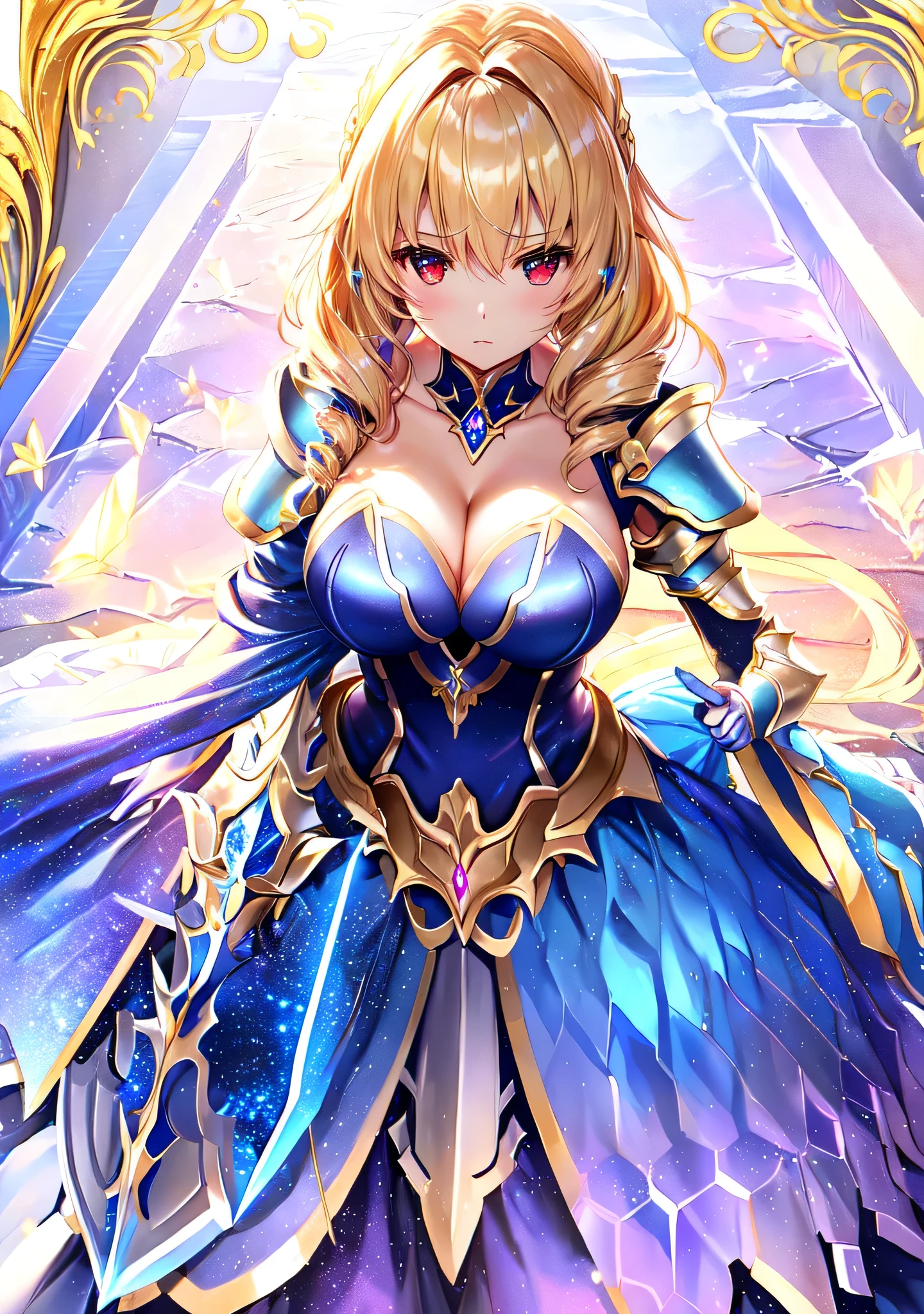 Woman in blue leotard holding a sword、solo、Short blonde girl、Red-eyed girl、Two Side Up Hair、drills hair、Zodiac Knight Girl、 portrait Zodiac Knight Girl、Shining Iolite Armor、、Big Breasts、cleavage、Girls with very large breasts、A charming princess night、Dressed in light armor、Leotard Armor Girl、Pink Pantyhose、Shiny Iolite Armor、Galaxy Princess、Crystal Iolite Armor、Epic battle fantasy、The King&#39;s Hymn as a Princess、High quality anime art style、Smooth anime CG art、Princess Night、Digital Manga Art、Magical Girl Anime、High quality color sketches、Princess of Iolite、Iolite Reflective Armor、looking at viewer、Cowboy Shot、