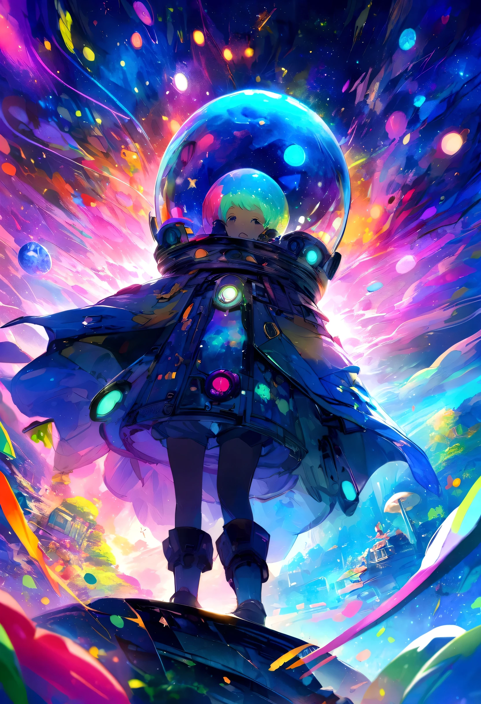 A futuristic people explorer, inspired by Pixar animation, up close, traveling through the cosmos of creativity, The colors are vivid and lush, with a touch of mystery