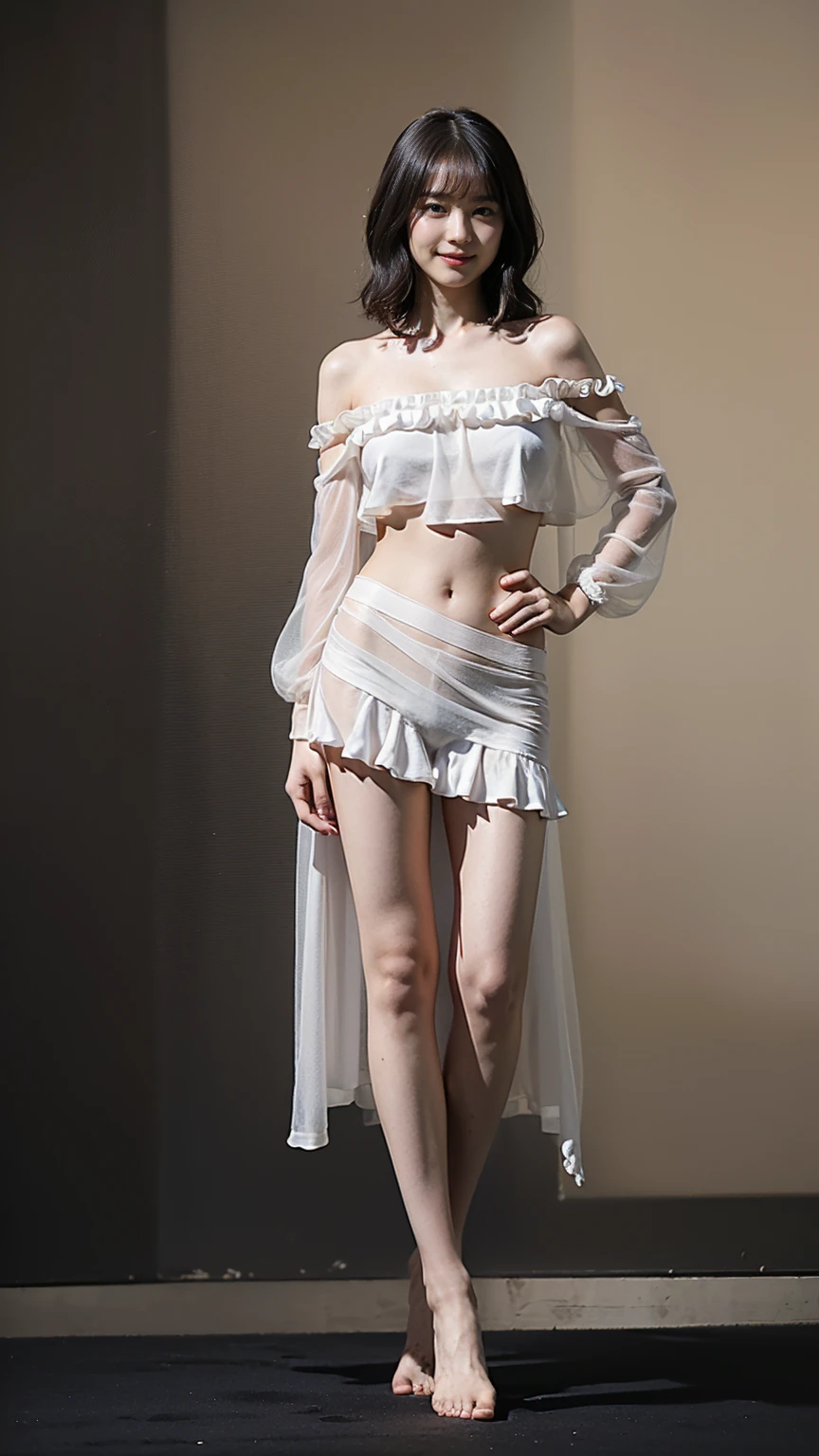 (8k、RAW Photos、highest quality、masterpiece:1.2)、(Realistic、Realistic)、1 girl、((hill、short hair、Off the shoulder、Belly button、smile、National costume、Large Breasts、Black andals、See-through、Frills、Semi-long hair、barefoot、Facing forward、Standing with hands on hips))、