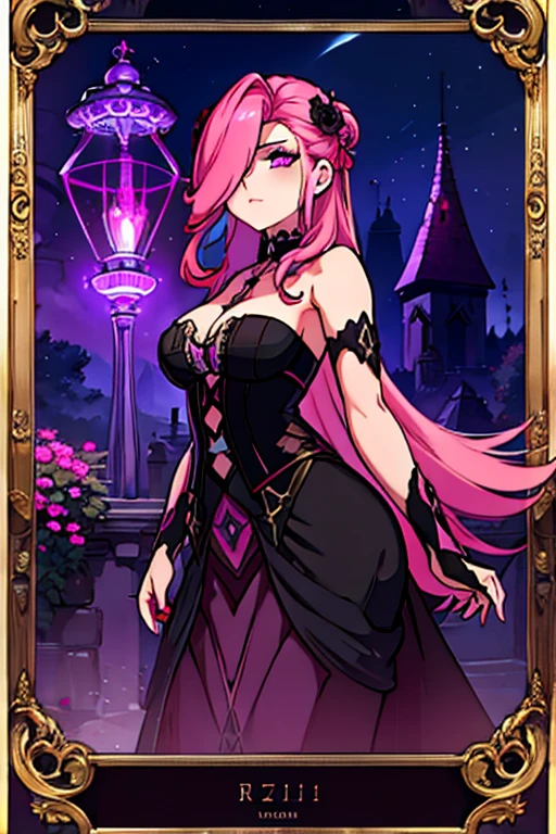 A pink haired female reaper with violet eyes and an hourglass figure in gothic ballgown is watching a falling star in the garden at night