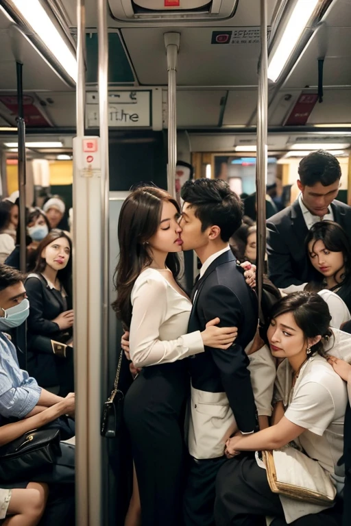 Belgian-Indonesian couple, beautiful 21 year old woman and handsome 23 year old man, deeply kiss each other, and the man holds the woman's neck and breast, (the woman's mouth is open with a pleasant expression:1.3), updo hair style brown colour, medium breasts, tempting cleavage, standing inside a crowded train, (the woman is office worker wearing blouse,pumps), the man wearing suit white shirt and black trousers, (Inside a crowded train:1.9)