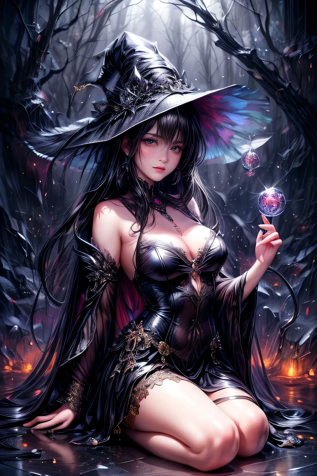 gothic style, Fantasic Illustration, Masterpiece: 1.2, Highest Quality, Highres, 16k, Beautiful Detailed, Ultra-Realistic, Photo Realistic: 1.37, Beautiful Cute witch girl with a magic wand, kneeling in the center of the magic circle and chanting a spell, growing eyes, shining pupils, blushed cheek, shiny rosy lips, wearing  magic garment bare shoulder, delicate beautiful (hair, face, eyes, pupils, long eyelash, magic circle), cinematic angle, magical fantasy, dark fantasy, dark gothic, dramatic lighting, dramatic background, cinematic atmosphere, intricate, digital art, concept art, 