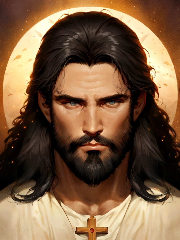 Arafed image of a man with long hair and beard, portrait of Jesus Christ, Jesus Christ, Greg Olsen, Jesus of Nazareth, painted in high resolution, The Lord and Savior, Jon McNaughton, 8K resolution. Oil on canvas, face of Jesus, portrait of religious masterpiece, ultra detail. Digital painting, dressed as Jesus Christ, very beautiful portrait, heavenly background