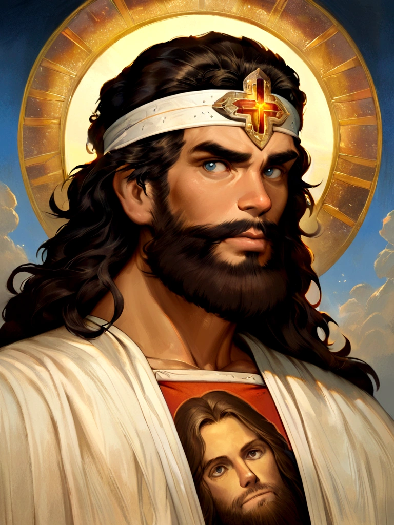 Arafed image of a man with long hair and beard, portrait of Jesus Christ, Jesus Christ, Greg Olsen, Jesus of Nazareth, painted in high resolution, The Lord and Savior, Jon McNaughton, 8K resolution. Oil on canvas, face of Jesus, portrait of religious masterpiece, ultra detail. Digital painting, dressed as Jesus Christ, very beautiful portrait, heavenly background