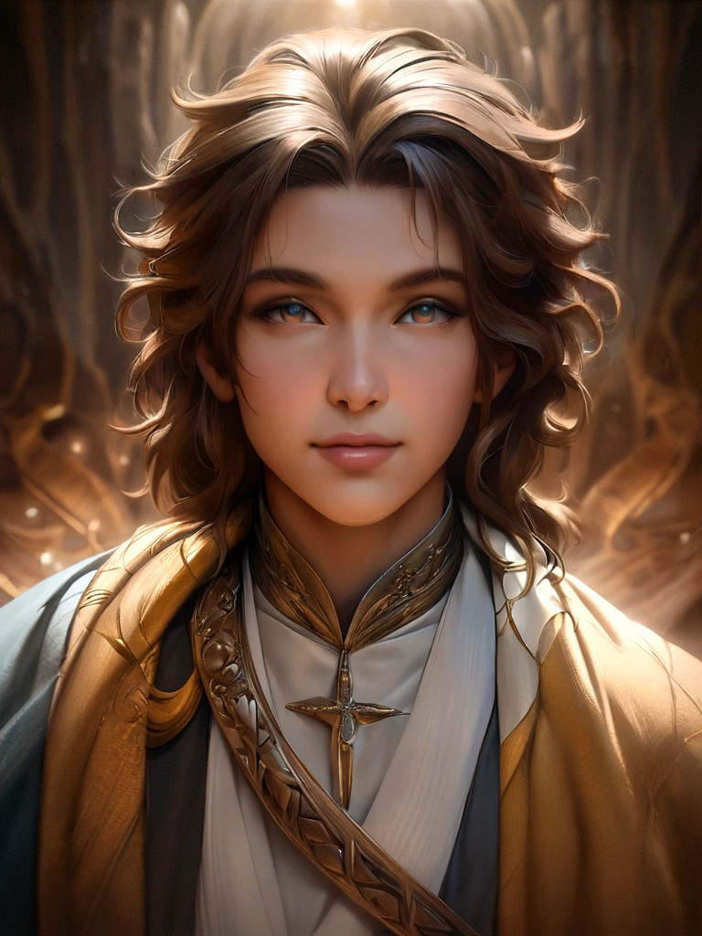 looking at camera with modern clothes, tender and bright look seen Jesus 45 year old is depicted in the image as a compassionate and gentle figure with shoulder-length, wavy brown hair cascading over his shoulders. His mesmerizing hazel eyes convey a profound sense of wisdom and empathy, radiating warmth and understanding. A serene smile graces his lips, illuminating his face with an otherworldly tranquility. modern clothes, Miki Asai Macro photography, close-up, hyper detailed, trending on artstation, sharp focus, studio photo, intricate details, highly detailed, by greg rutkowski