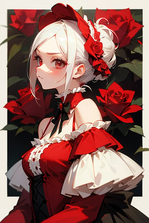 Short white hair, blush, one piece、Punk Fashion、Headbang 2.、Red clothes、Elegant Lolita、Victorian Maiden、Off the shoulder、background、A lot of red roses、